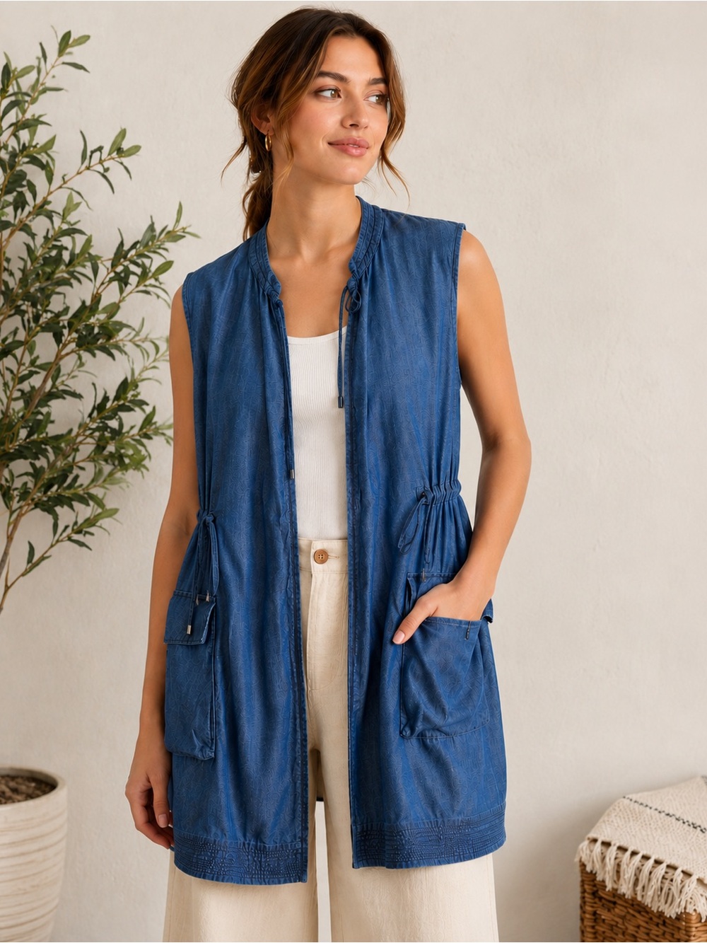 Vintage GAP Lyocell Sleeveless Utility Vest Cardigan Blue Open Front Small